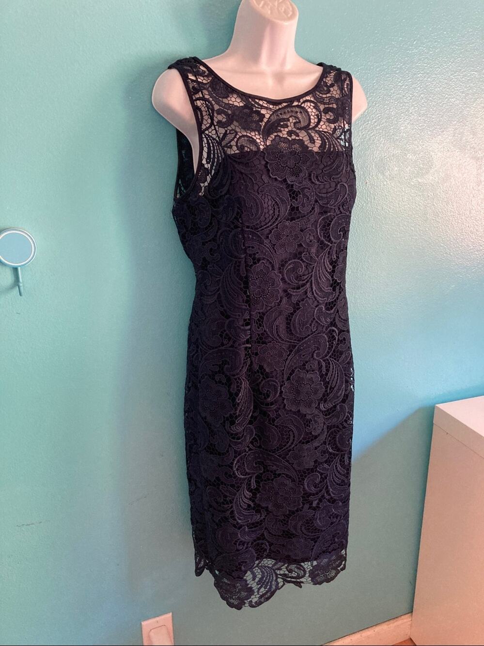 Adrianna Papell Size 14 Illusion Lace Cocktail Event Midi Dress Slate Blue